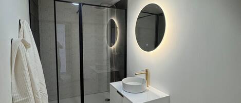Shower, hair dryer, towels, soap
