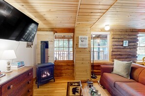 Télévision, cheminée, livres