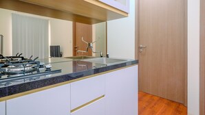 Une cuisine moderne équipée d’une cuisinière à gaz, d’un évier et d’une porte en bois.