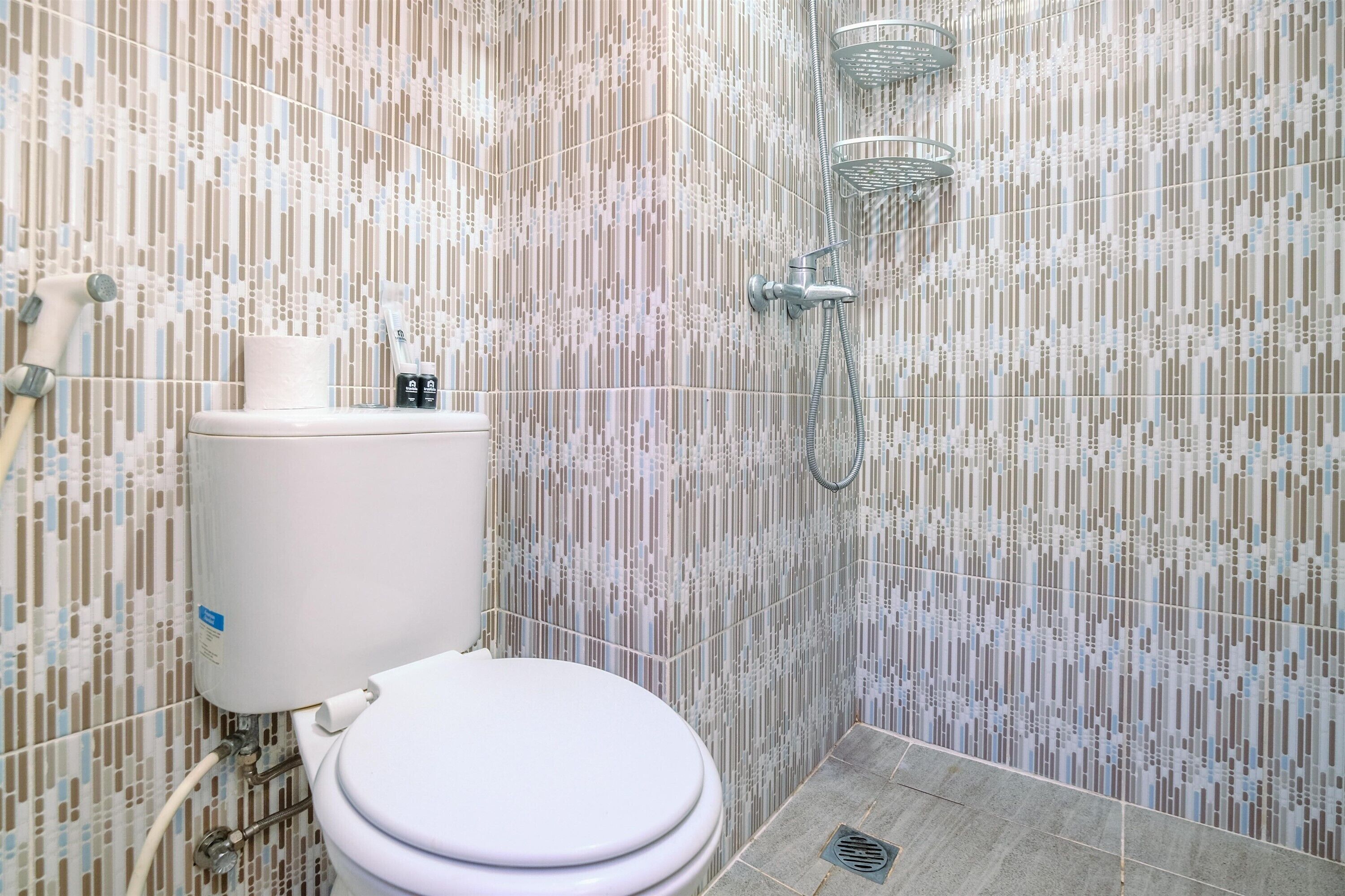 A bathroom with a toilet, a shower, and a tiled wall.