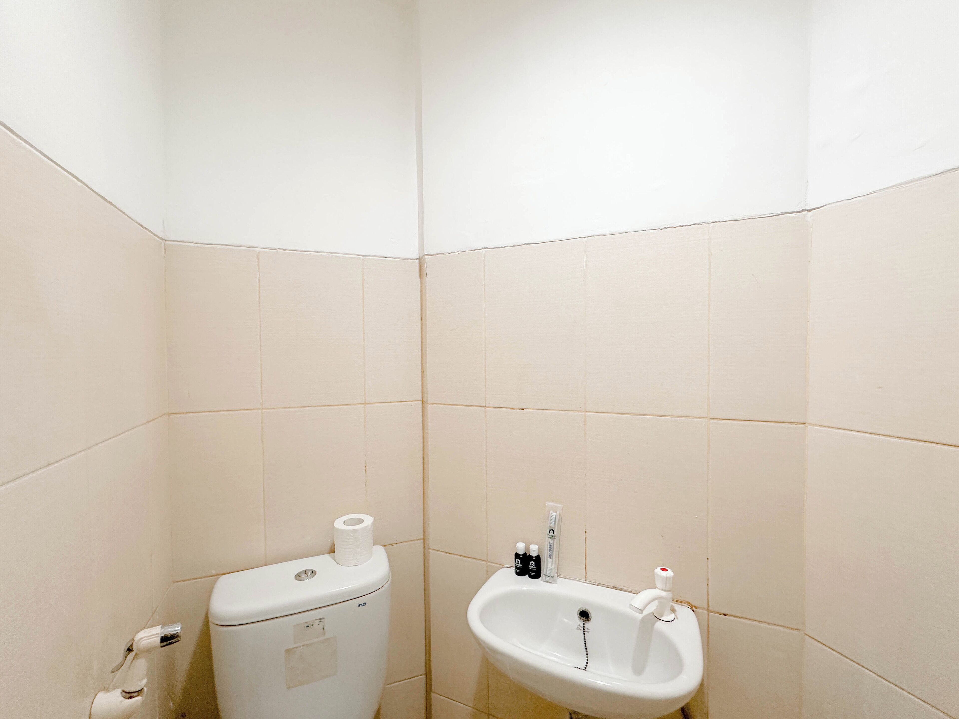 A corner bathroom with a toilet and sink, both in white. There are two bottles of hand soap and a roll of toilet paper on the toilet.
