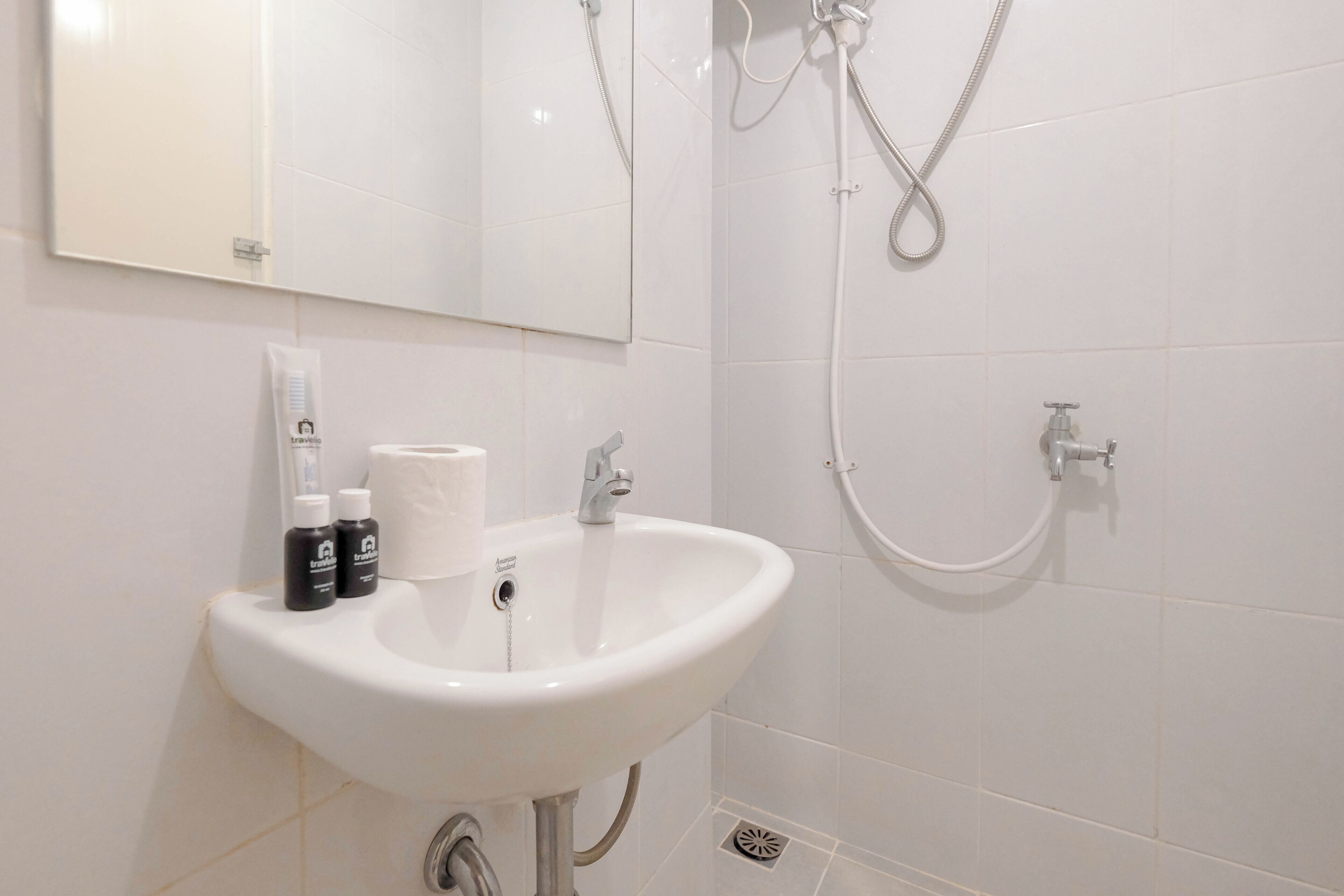 A bathroom with a white sink, a mirror, a shower with a handheld showerhead, and two bottles of toiletries on the sink.