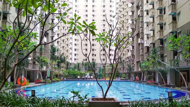 A swimming pool surrounded by greenery and a high-rise building in the background.