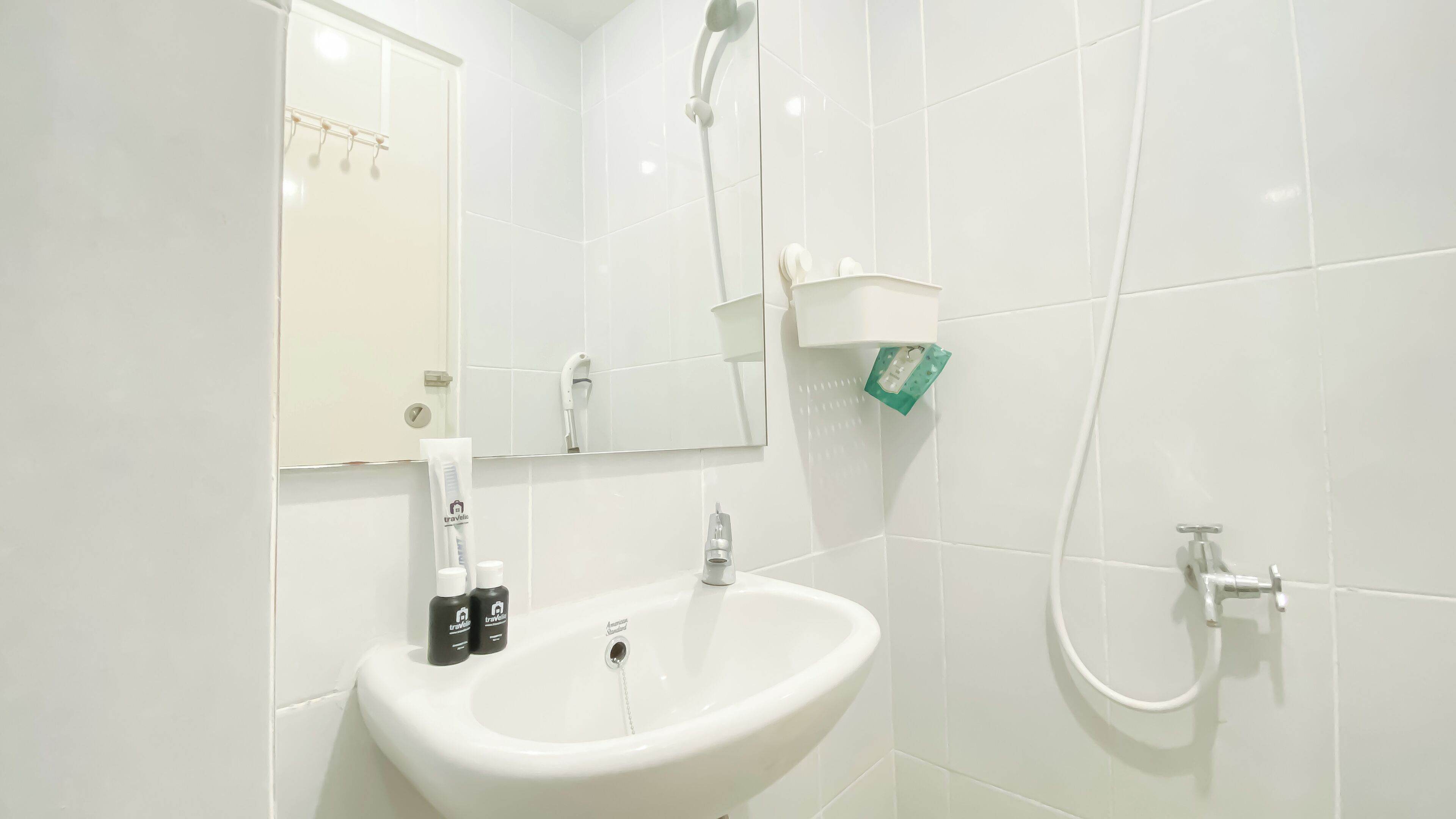 Une salle de bain moderne avec un lavabo blanc, une douchette à main et un miroir.