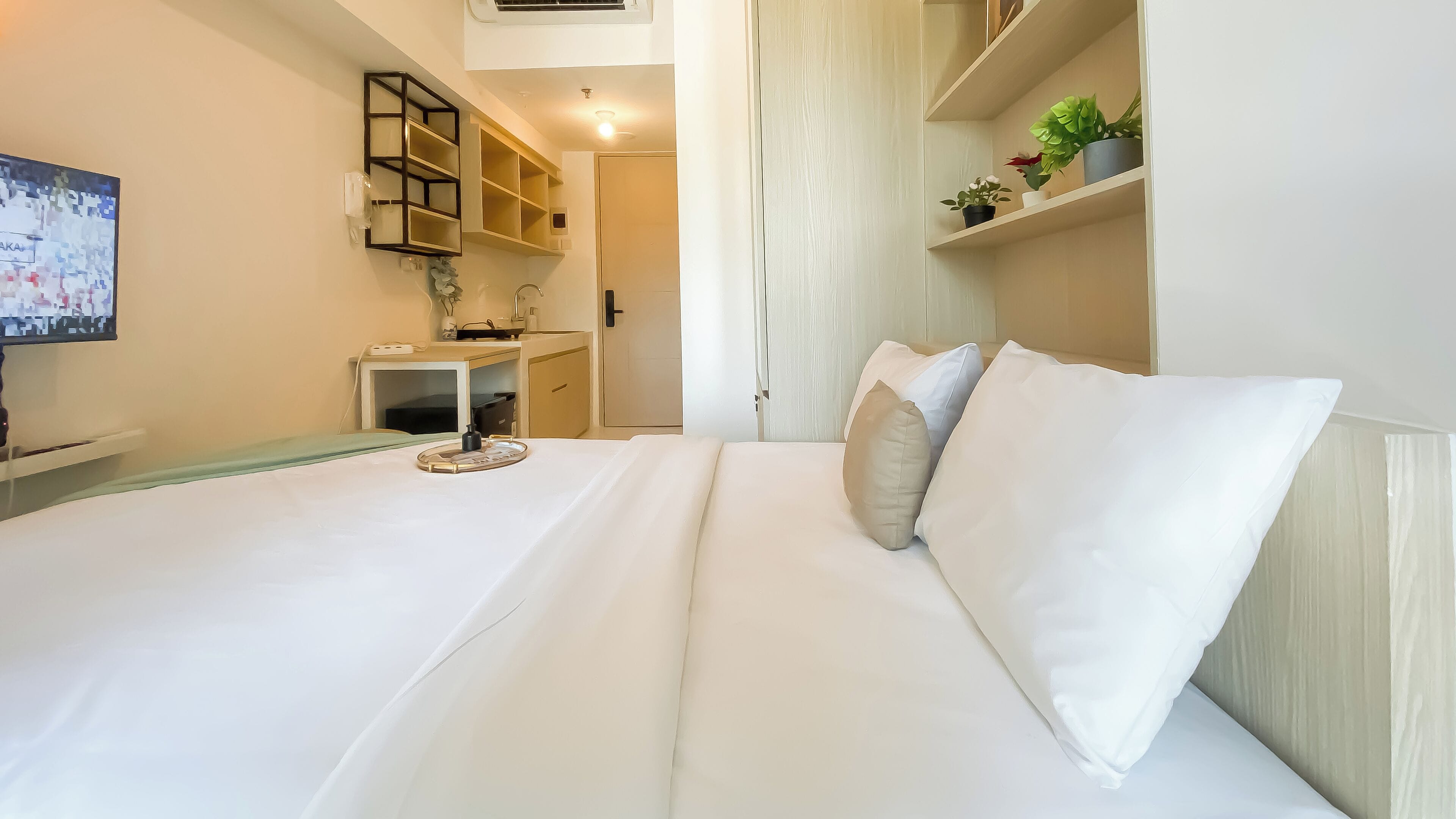 A hotel room with a neatly made bed, a bedside table with a lamp, a small desk with a chair, a shelf with plants, and a TV mounted on the wall.