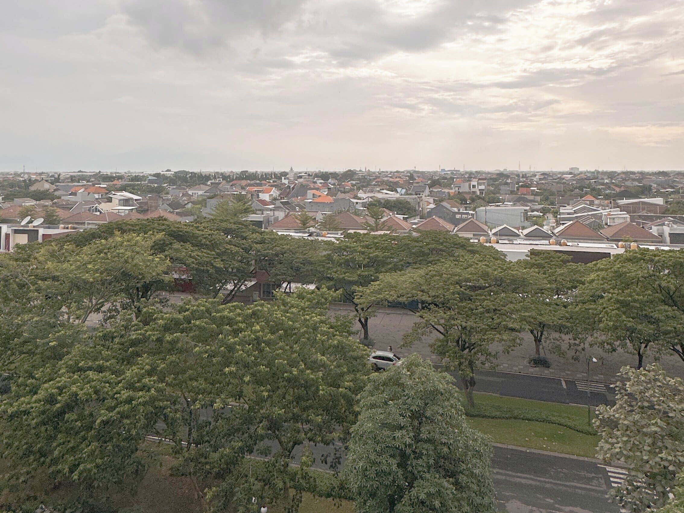 A residential area with houses, trees, and a road.