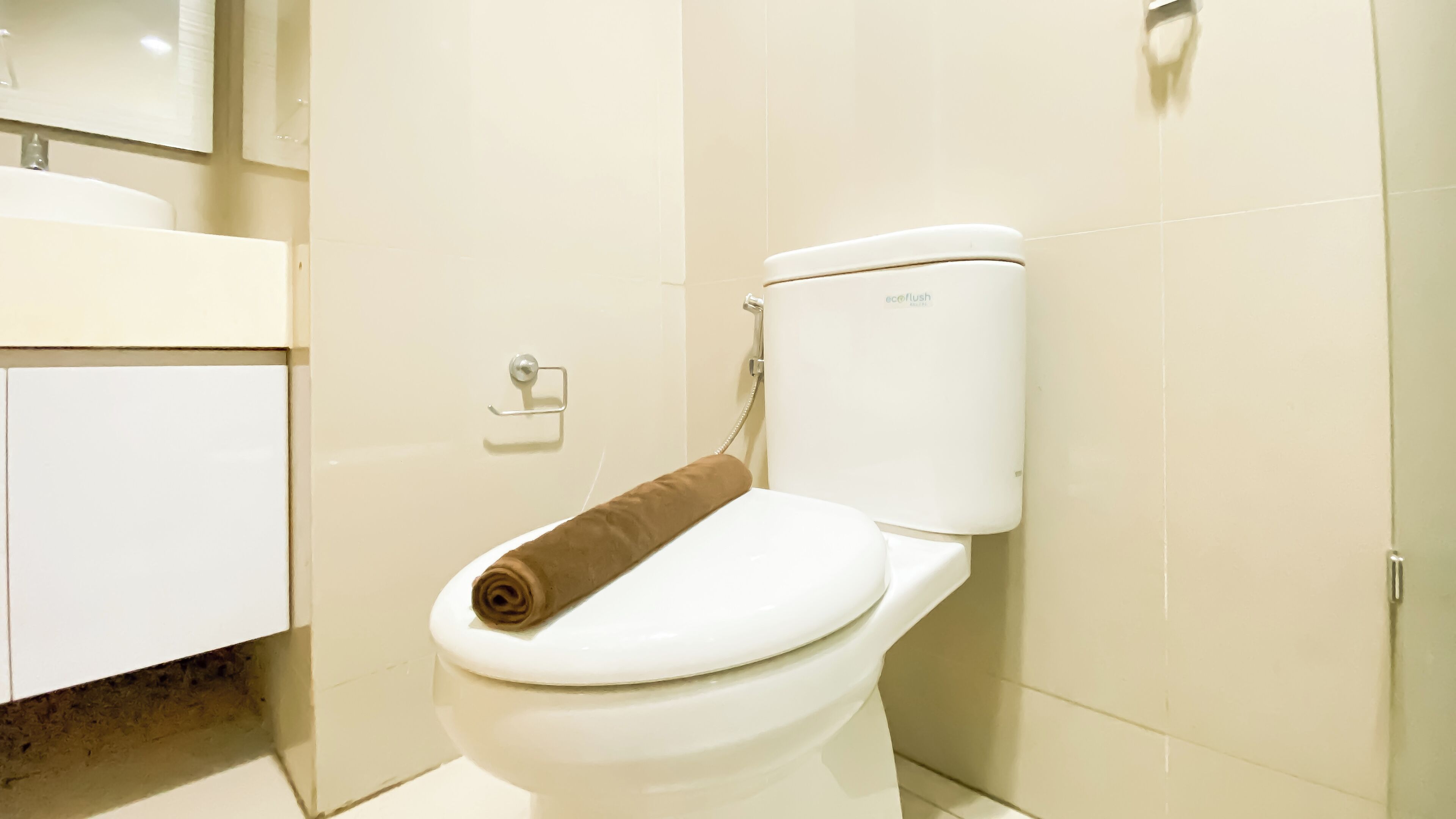 Inodoro con una toalla marrón en el asiento, tanque de inodoro blanco y un lavamanos blanco con un espejo encima.