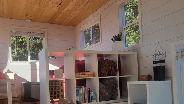 A cozy cabin with a loft bed, built-in shelves, and a window overlooking greenery.