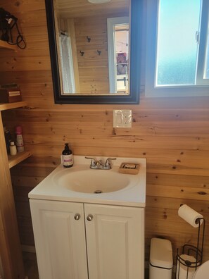 A wooden-paneled bathroom with a white sink, a mirror, and a window.