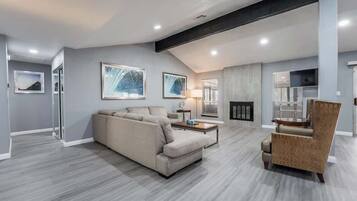 Télévision, cheminée, jeux vidéo, livres