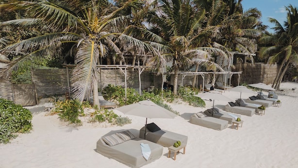 A beachside lounge area with sun loungers, umbrellas, and palm trees. - Chic Beach suite with Plunge Pool in Tulum Hotel Zone (Tulum)