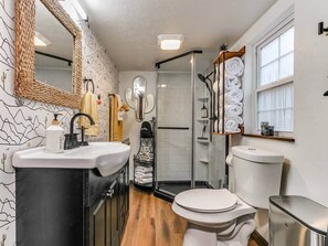 Shower, hair dryer, towels