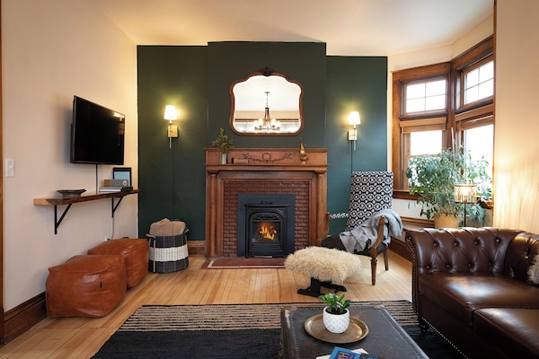 Smart TV, fireplace, books