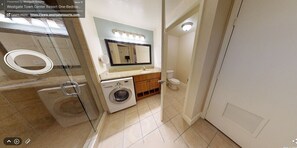 Hair dryer, towels, soap, toilet paper
