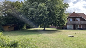 Een huis met een grote boom ervoor, een tuinhuisje en een gazon.