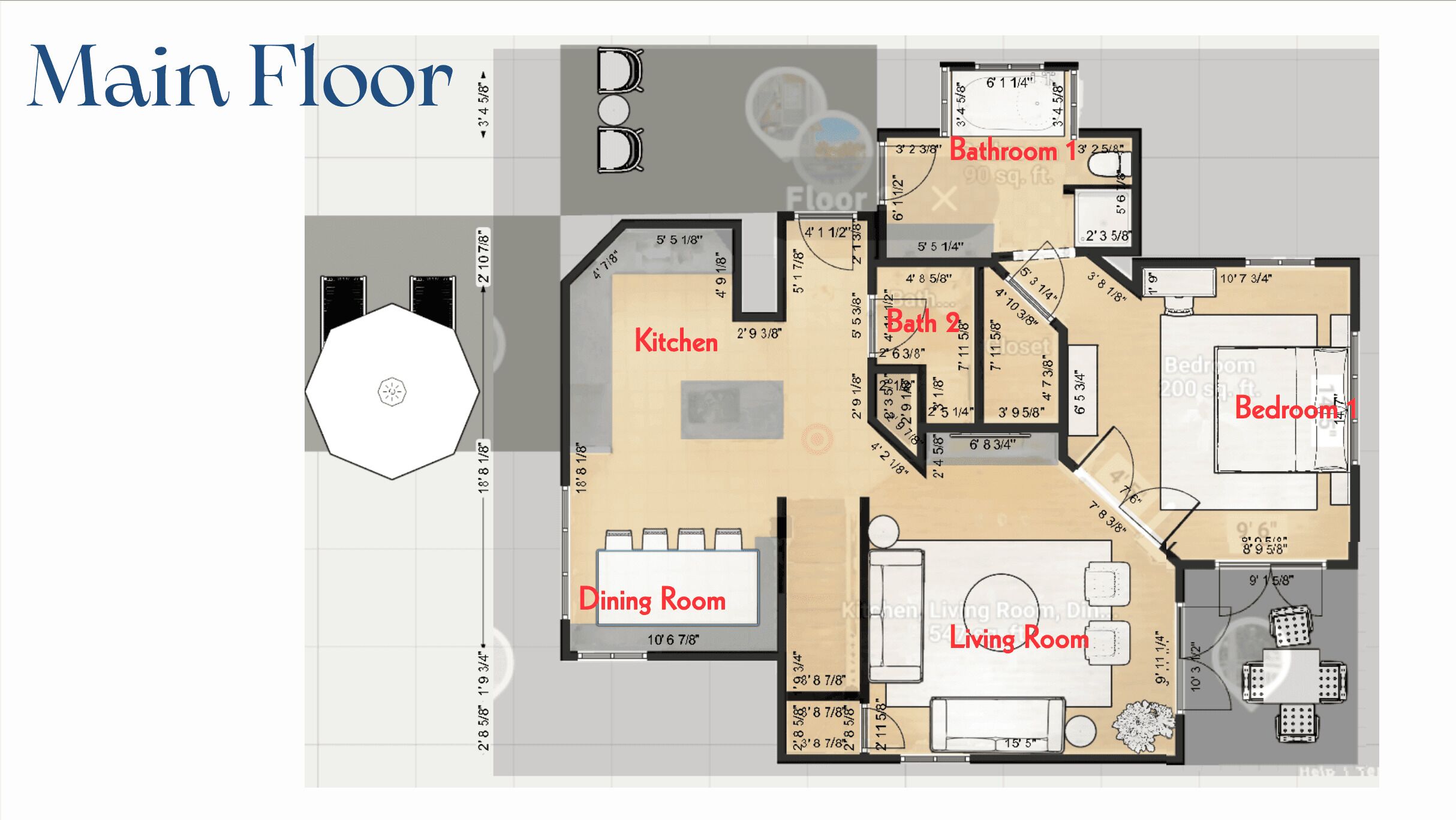 A floor plan of a house with a main floor layout including a kitchen, two bathrooms, a dining room, a living room, and two bedrooms.