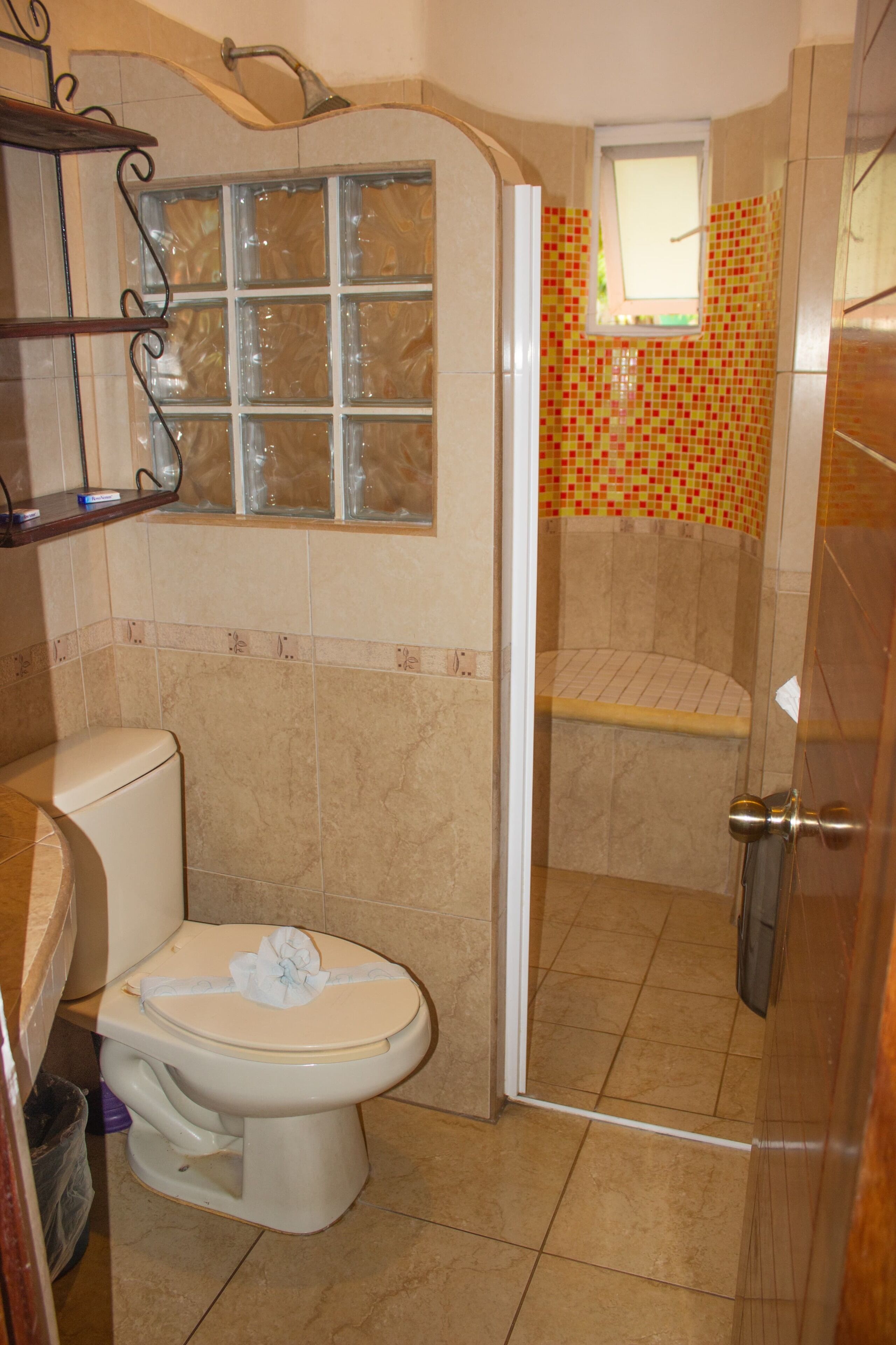 A bathroom with a toilet, shower, and a window.