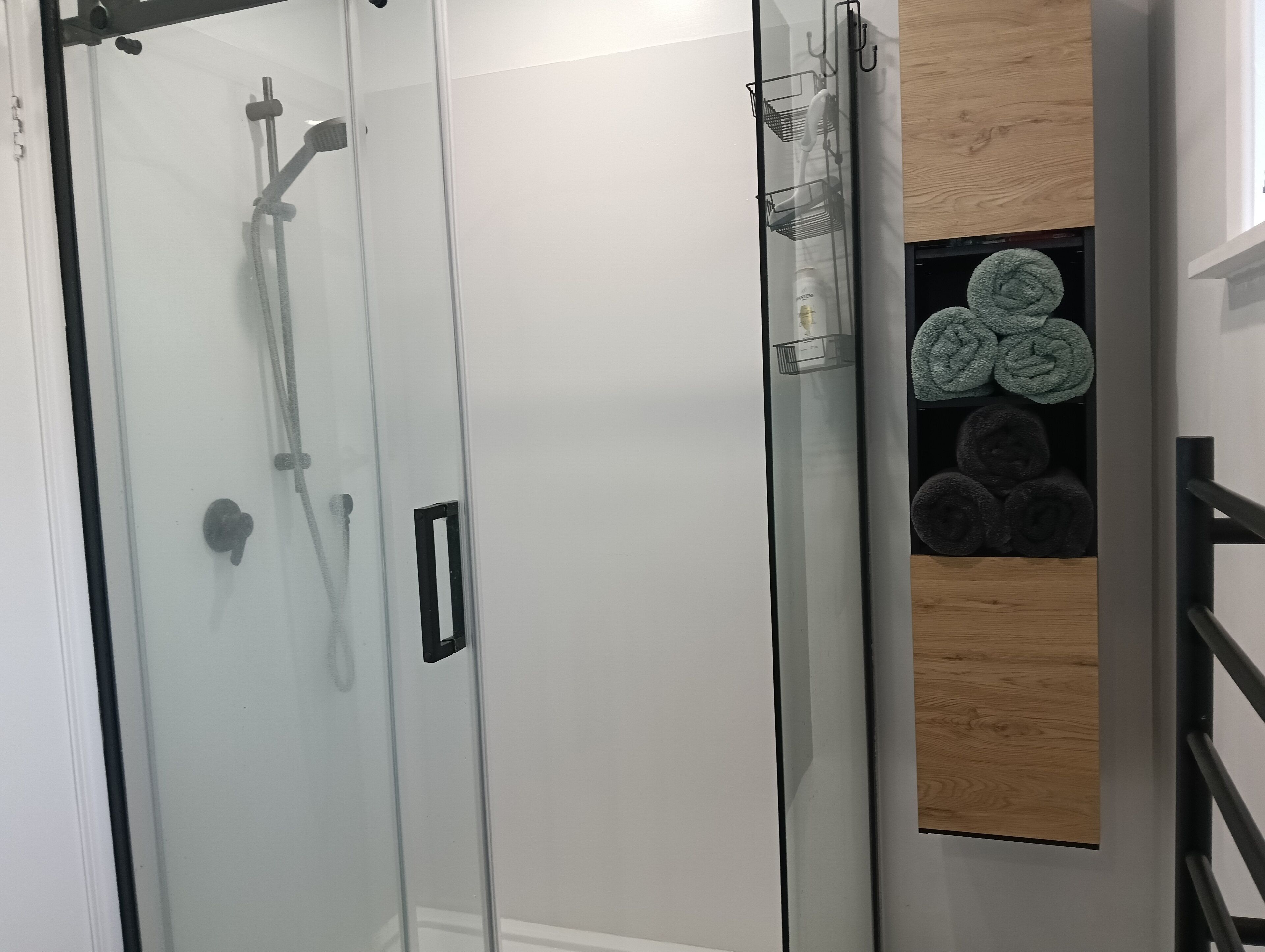 Shower, hair dryer, towels, toilet paper