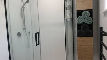 Shower, hair dryer, towels, toilet paper