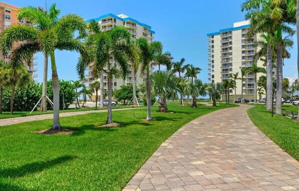 A pathway lined with palm trees leading to a building complex with multiple floors and balconies.