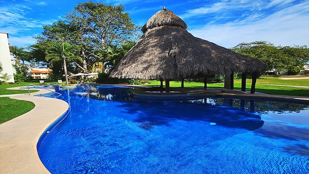 A swimming pool with a thatched-roof structure, surrounded by greenery and a clear sky.