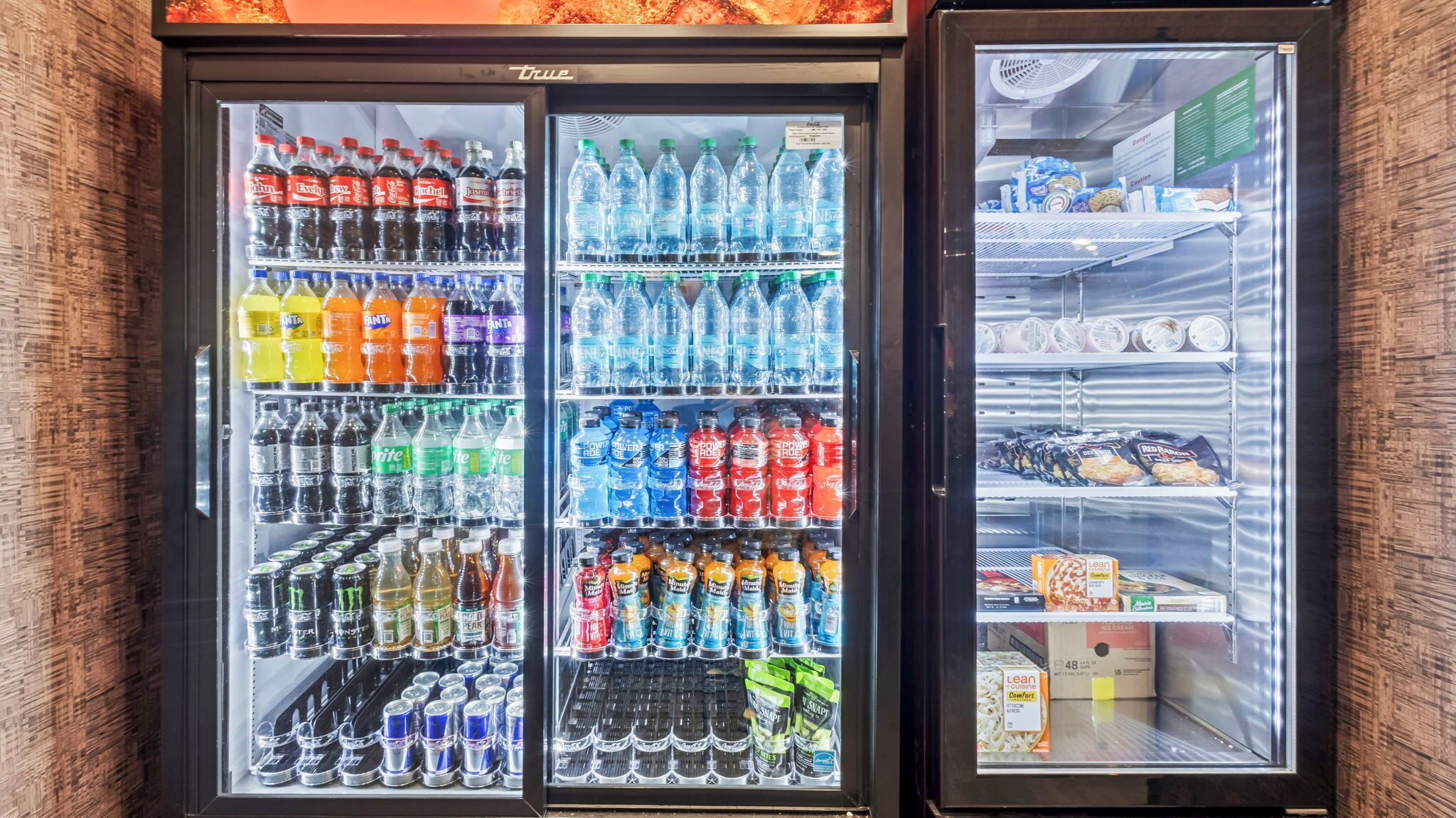 A vending machine with various beverages and snacks.