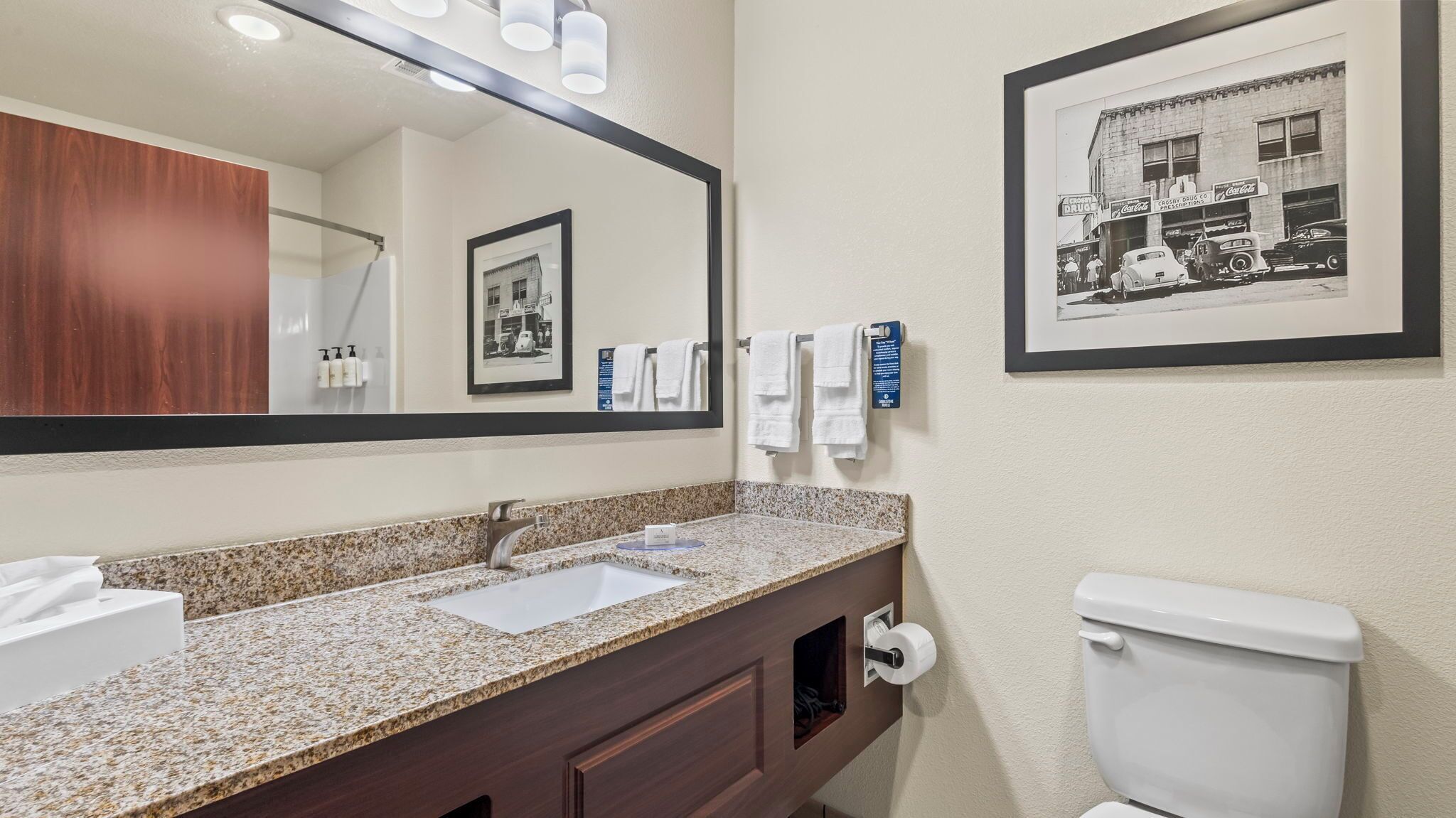 Une salle de bain avec un lavabo doté d’un plan de toilette en granit, un miroir, une photographie en noir et blanc encadrée et des toilettes.