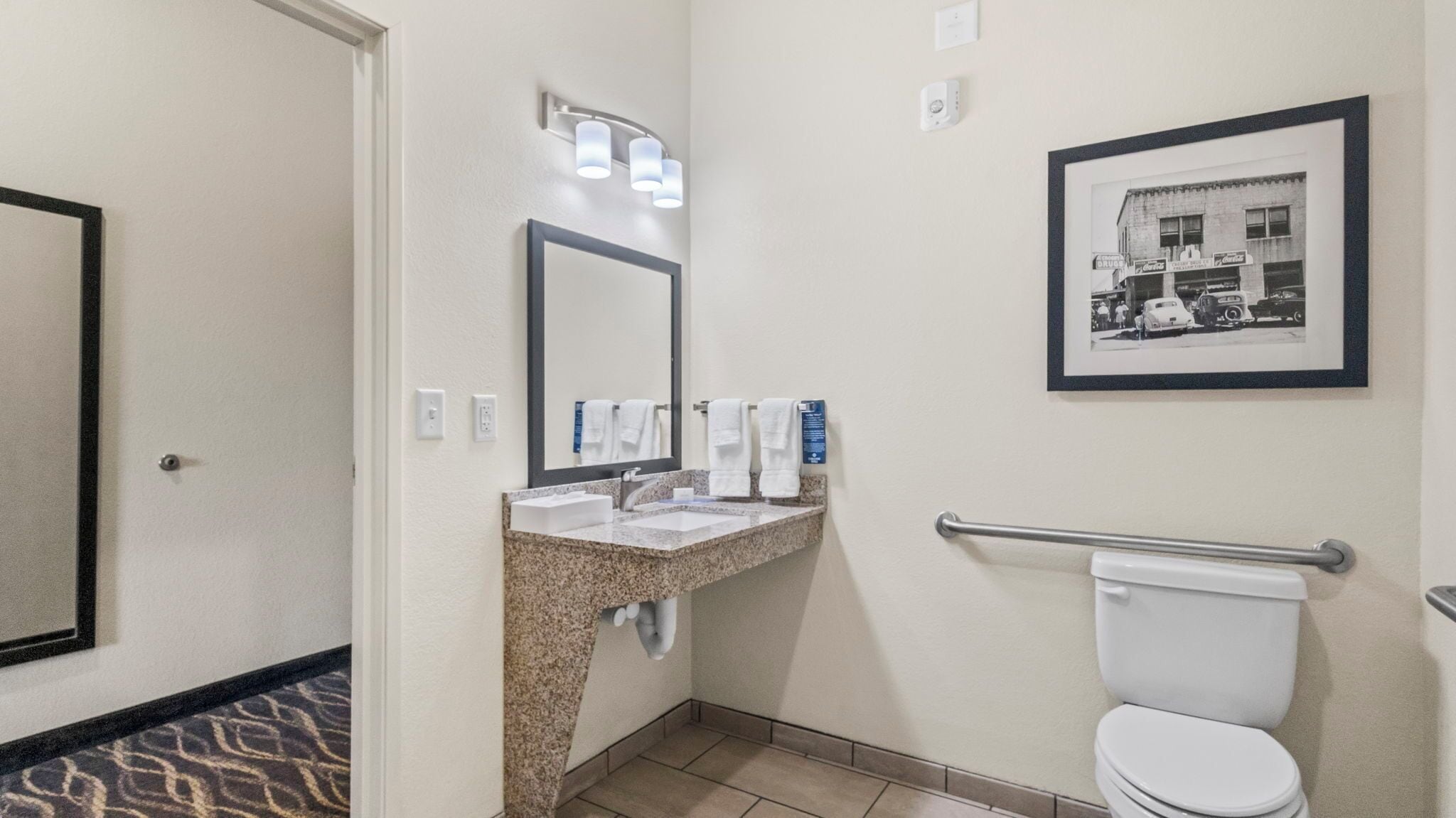 A hotel bathroom with a sink, mirror, toilet, and a framed photo on the wall.