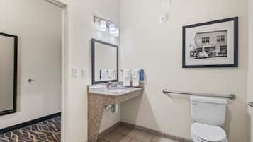 A hotel bathroom with a sink, mirror, toilet, and a framed photo on the wall.