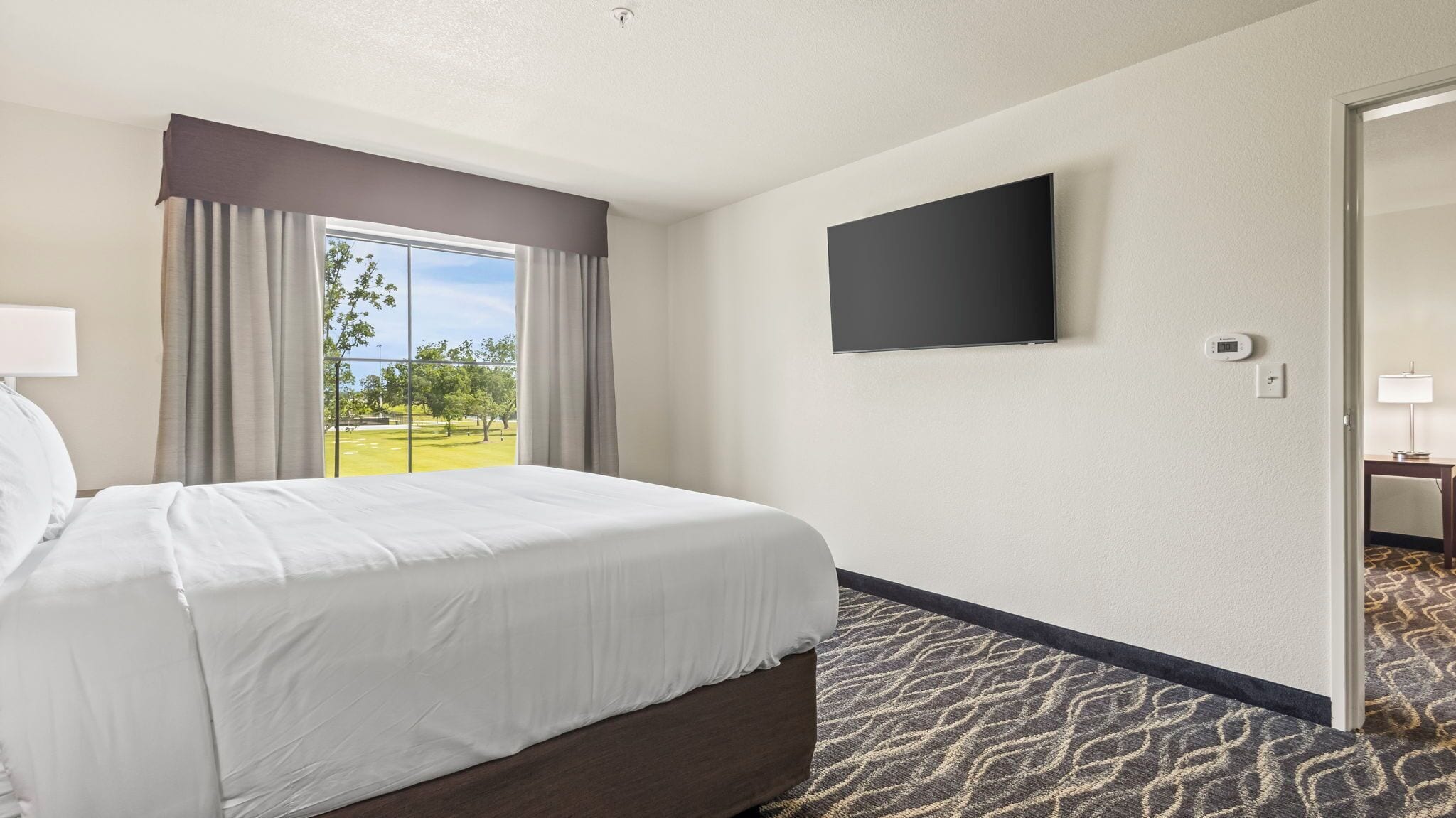 Habitación de hotel con una cama grande, un televisor de pantalla plana en la pared y vista a un área verde por la ventana.
