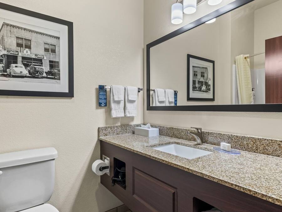 A bathroom with a toilet, sink, and mirror. There are towels hanging on the wall and a framed picture above the mirror.
