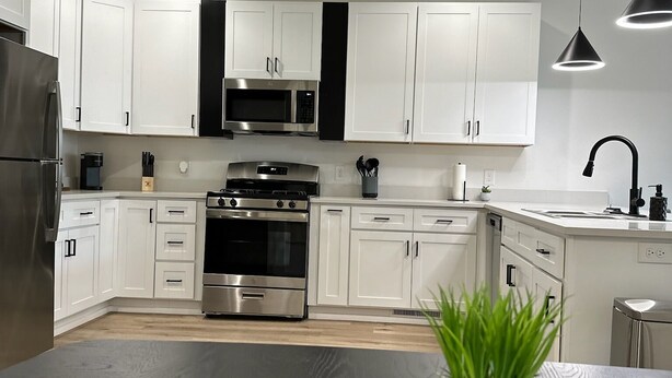 Uma cozinha moderna com armários brancos, eletrodomésticos de aço inoxidável e uma ilha central com uma planta em vaso.