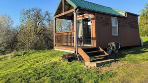 A small wooden cabin with a green roof, a porch, and a window. - "Tiny Home" at Buena Vista Lavender Farm with private porch and a stunning view (Silverton)