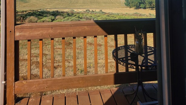 A wooden deck with a view of a field and trees. - "Tiny Home" at Buena Vista Lavender Farm with private porch and a stunning view (Silverton)