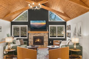 TV connectée, cheminée, livres