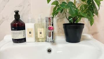 Hair dryer, towels, soap, toilet paper