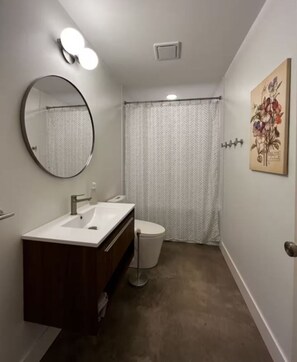 Hair dryer, towels, soap, toilet paper