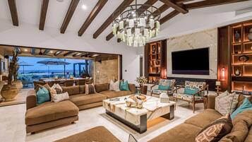 Smart TV, fireplace, table tennis, books