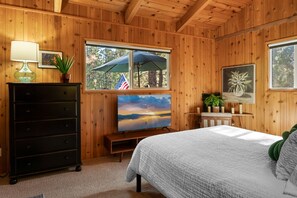 A wooden-paneled room with a bed, dresser, TV, and windows.