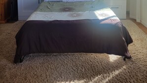 Un dormitorio con una cama, dos armarios, una planta pequeña y una ventana.