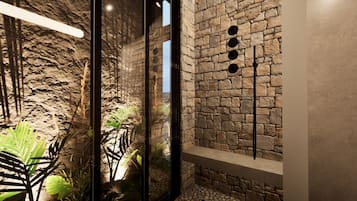 Deluxe-hytte | Badeværelse | Separat badekar og bruser, gratis toiletartikler, hårtørrer, badekåber