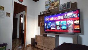 Ett vardagsrum med en tv som visar olika kanaler, en stenbeklädd öppen spis, träskåp och en hall som leder till ett annat rum.