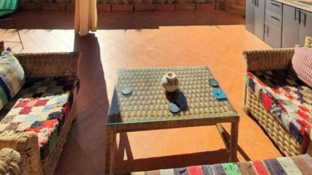 Un espacio exterior cubierto para sentarse con vistas al campo, mobiliario de mimbre y una mesa con una taza y un platillo.