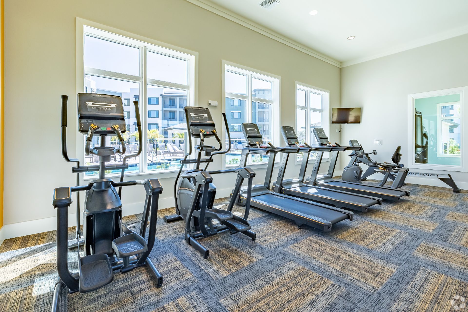 Un gimnasio con cintas de correr y elípticas, amplias ventanas y suelo alfombrado.