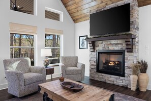 TV connectée, cheminée, livres