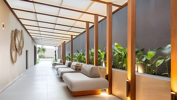 Un couloir bordé d’une rangée de canapés et de fauteuils, un mur de verre orné de plantes et un plafond à motifs géométriques.