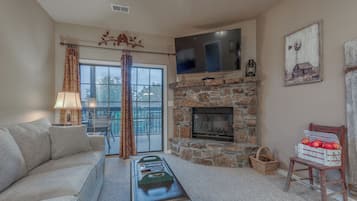 Una Smart TV, una chimenea, un reproductor de DVD, libros