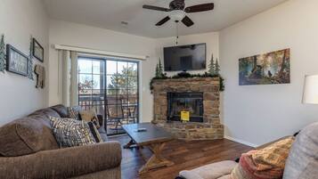 Smart TV, chimenea, reproductor de DVD y videoteca