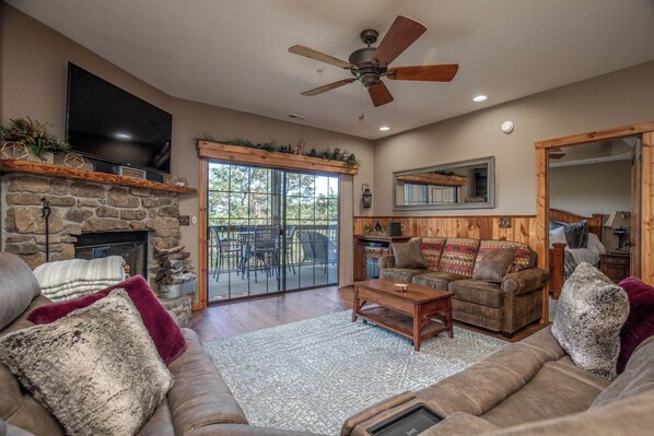 Smart TV, chimenea, reproductor de DVD y libros 