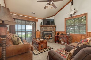 Smart TV, chimenea, reproductor de DVD y libros 